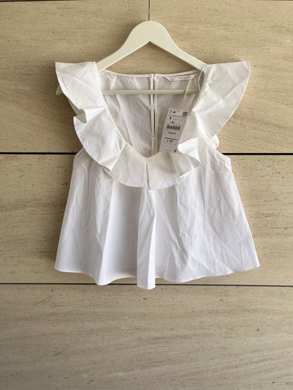 ZARA. Top blanco detalle volantes. T S