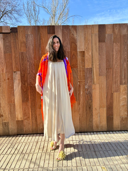 MANGO. Vestido midi beige palabra honor