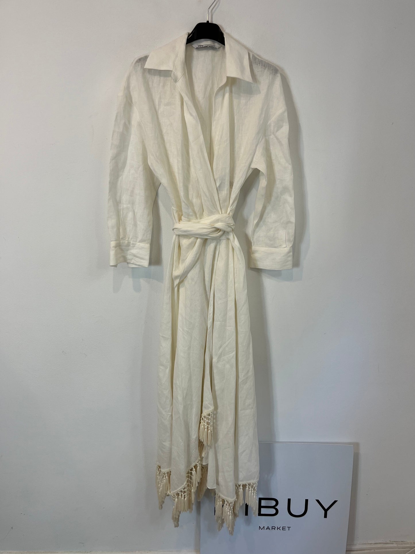 ZARA. Vestido lino cruzado flecos. T XS