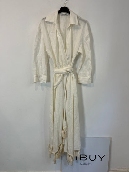 ZARA. Vestido lino cruzado flecos. T XS