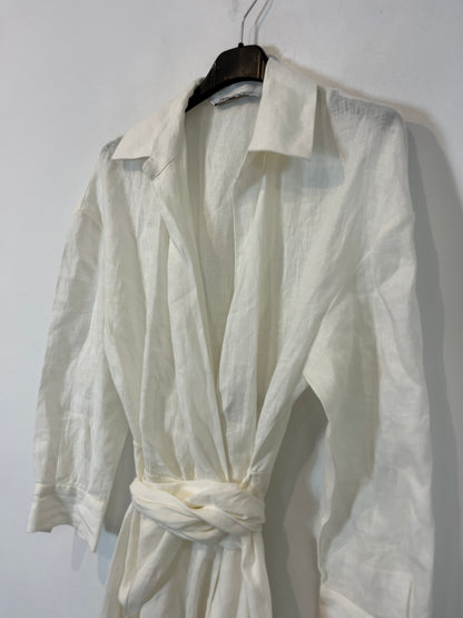 ZARA. Vestido lino cruzado flecos. T XS
