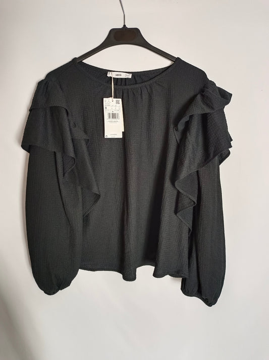 MANGO. Tm black ruffle blouse