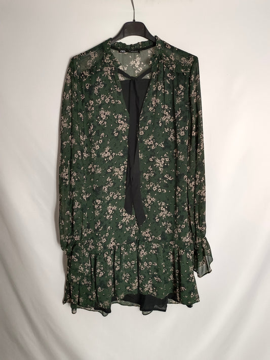 ZARA. Vestido gris flores T.s