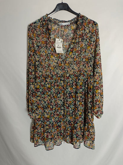 ZARA. Vestido negro  flores T.s