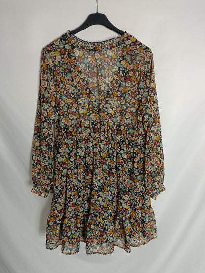 ZARA. Vestido negro  flores T.s