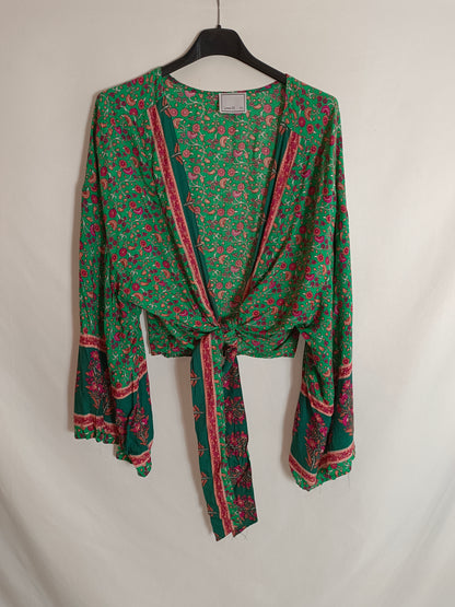 LOVE M. Green floral cross blouse TU (S/M)
