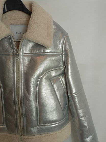 BERSHKA. Silver faux leather biker jacket T.xs