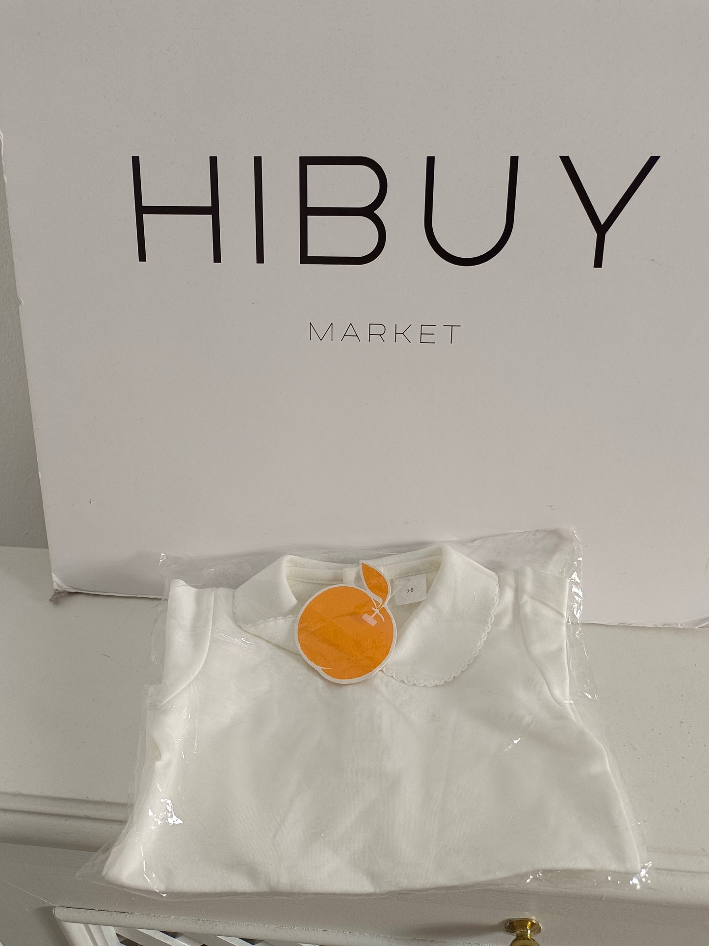 PEACH. White bodysuit with collar, size 3-6 months