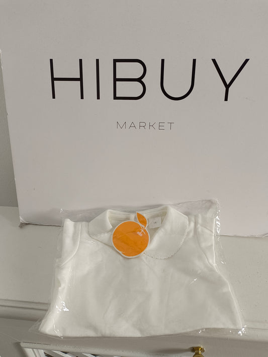 PEACH. White bodysuit with collar, size 3-6 months