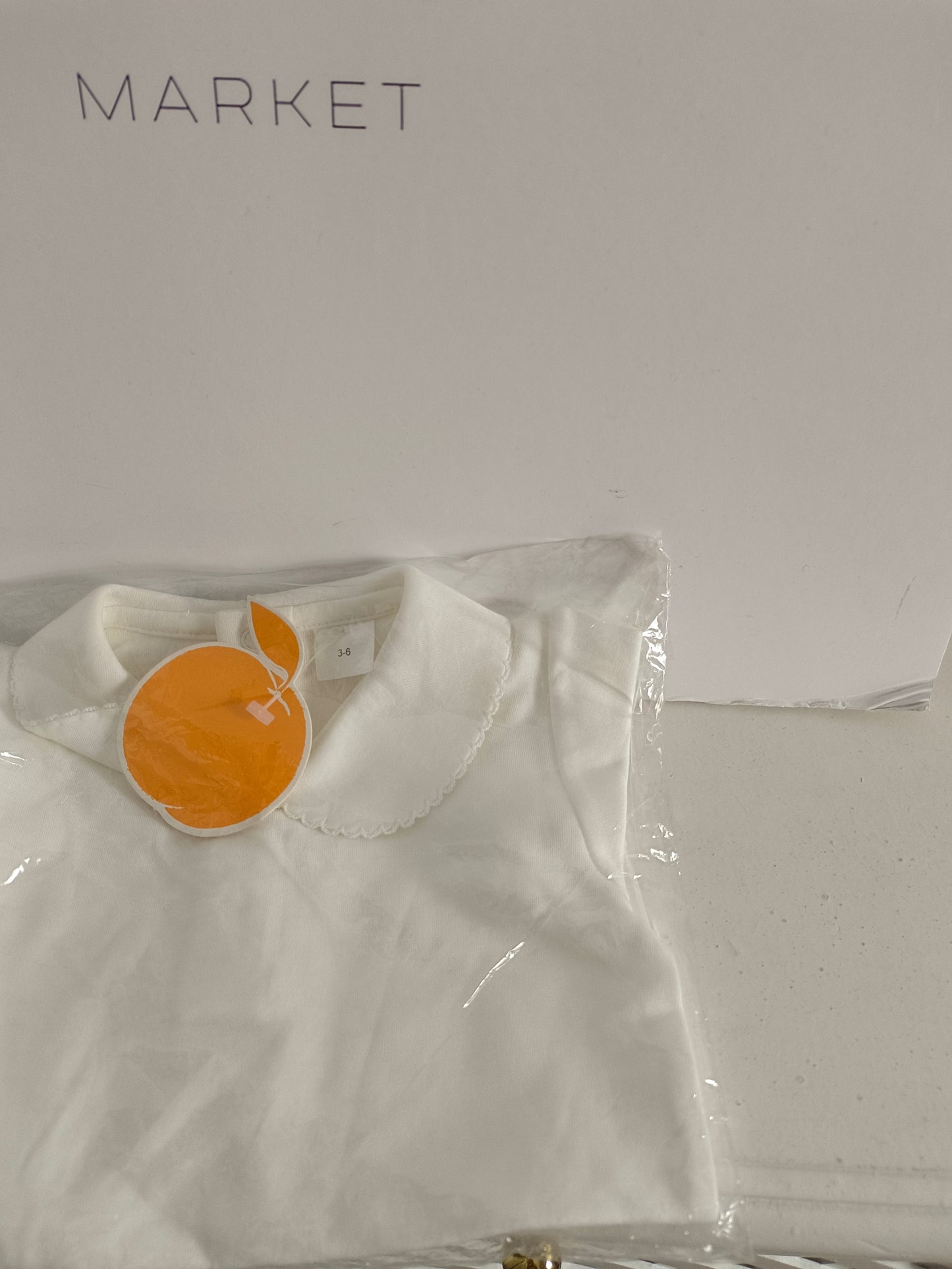 PEACH. White bodysuit with collar, size 3-6 months