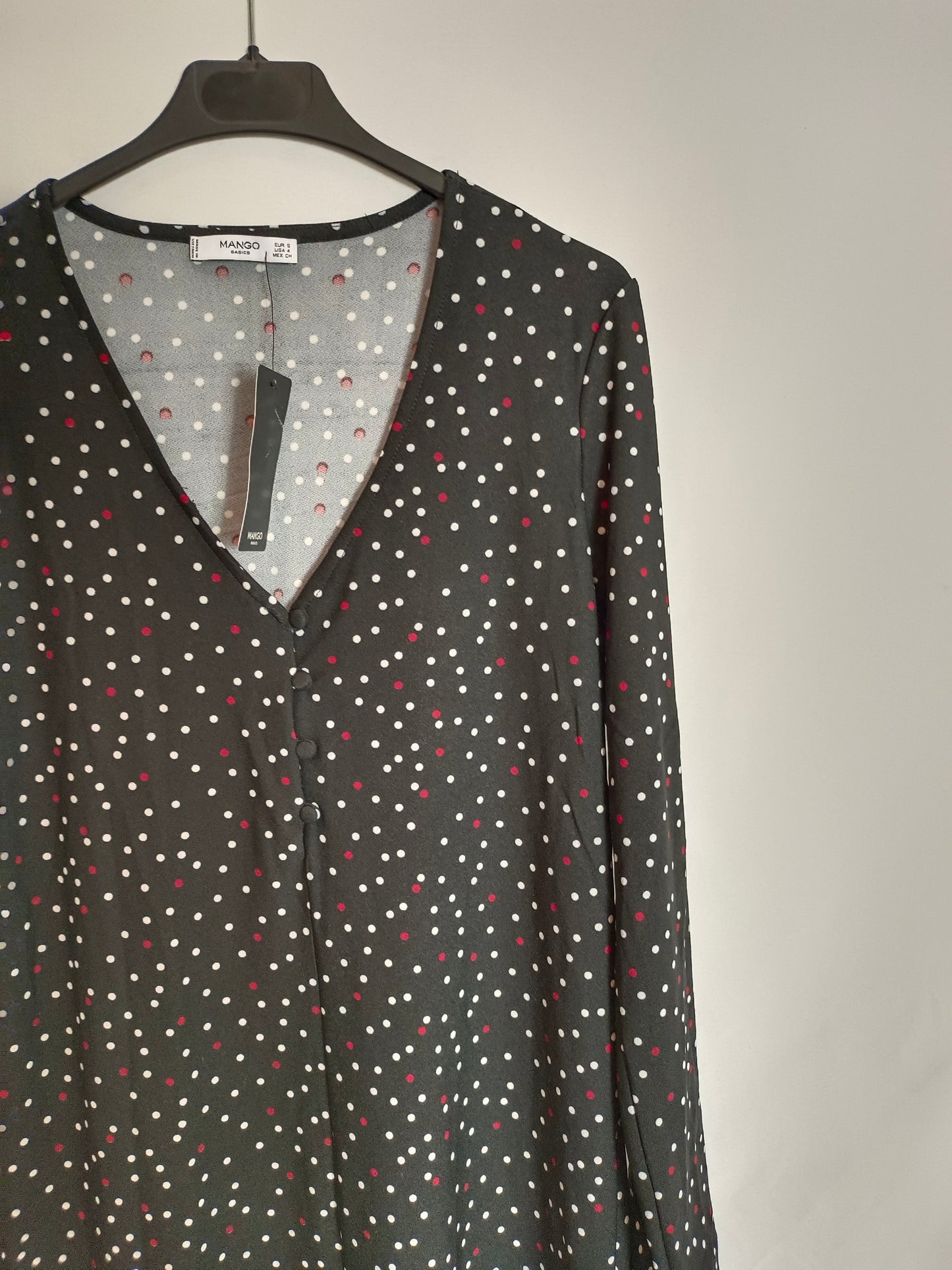 MANGO. Vestido negro lunares T.s