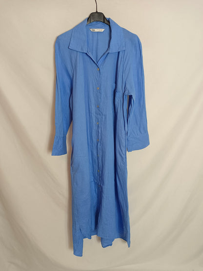 ZARA. Vestido azul camisero lino T.m