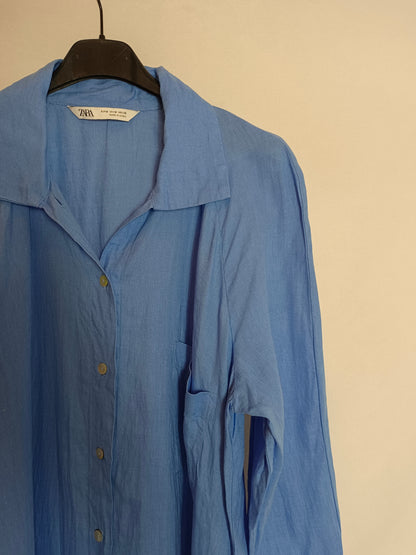 ZARA. Vestido azul camisero lino T.m