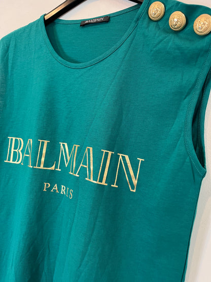 BALMAIN PARIS. Camiseta verde botones T.36