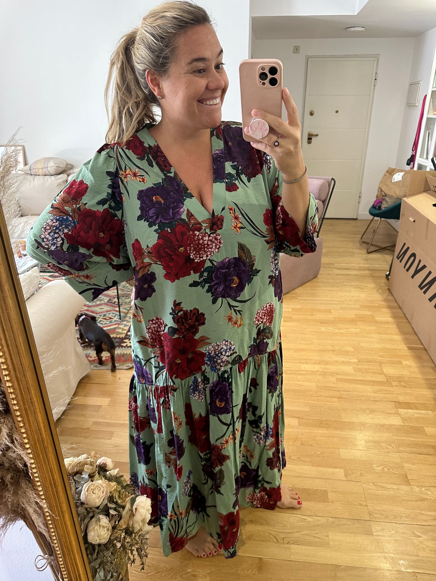 H&M. Vestido verde flores T.xxl