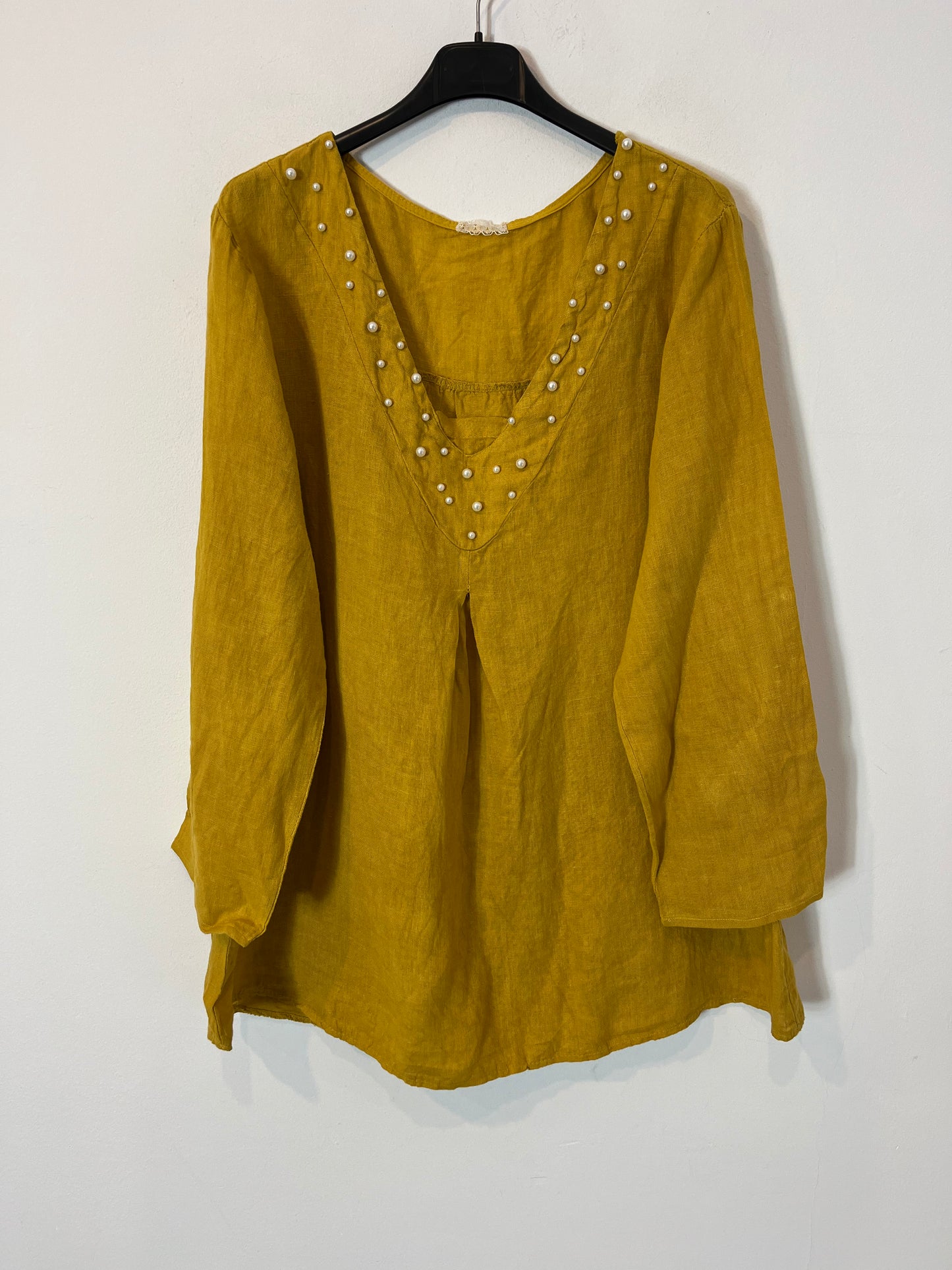 OTHER. Mustard linen blouse with neckline detail. TL