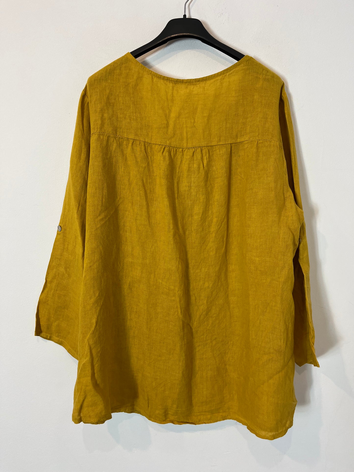 OTHER. Mustard linen blouse with neckline detail. TL