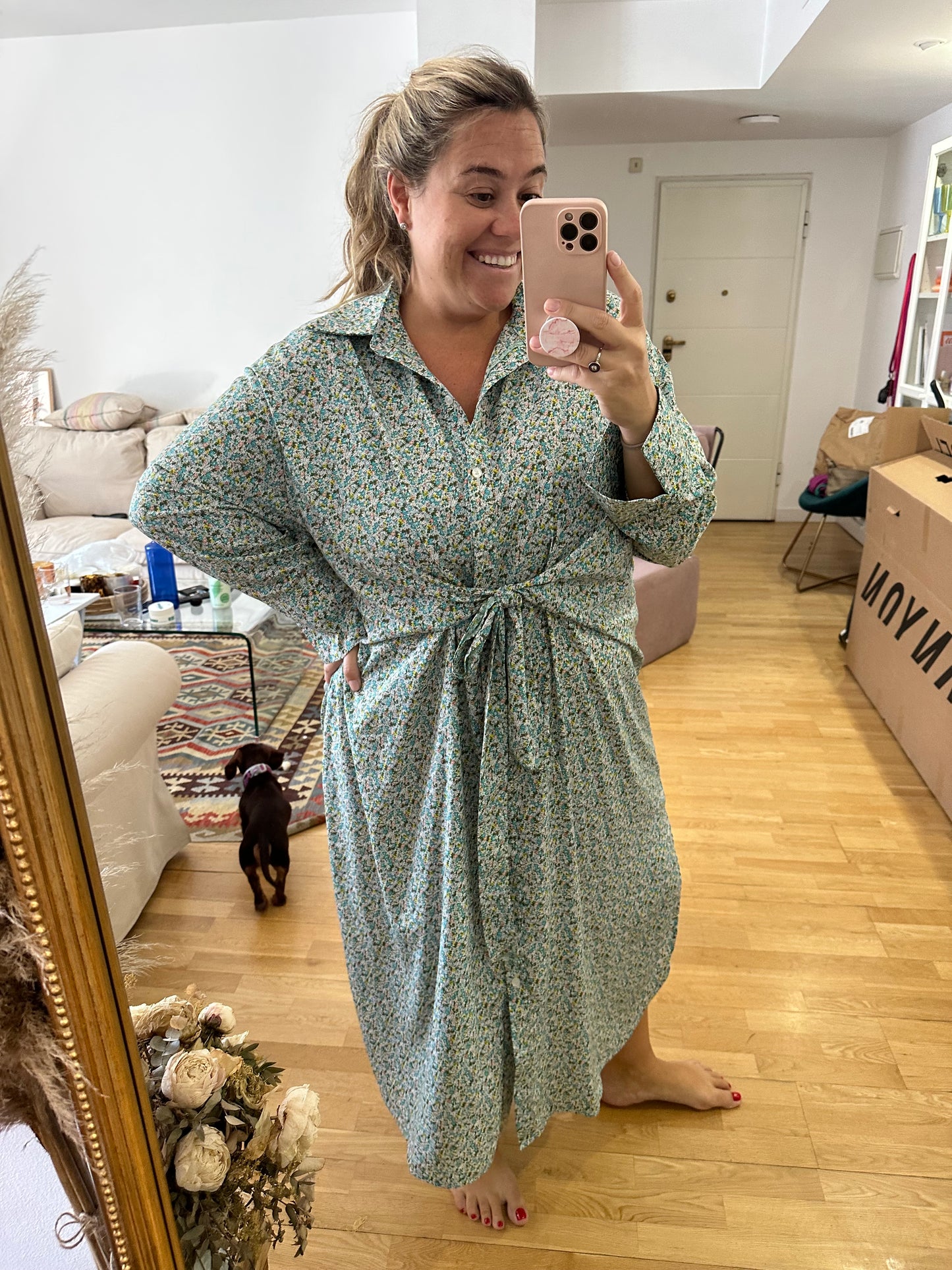 BUGANVILIA. Vestido fluido florecitas verdes  T.u(3XL)