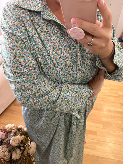 BUGANVILIA. Vestido fluido florecitas verdes  T.u(3XL)