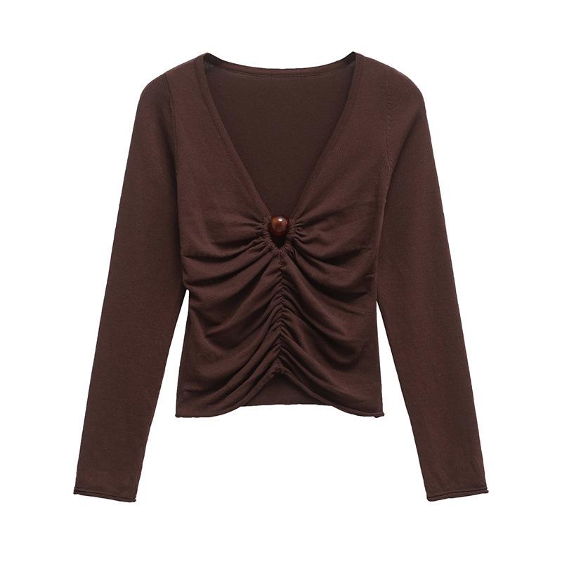 ZARA. Top marrón de manga larga con detalle abalorio
