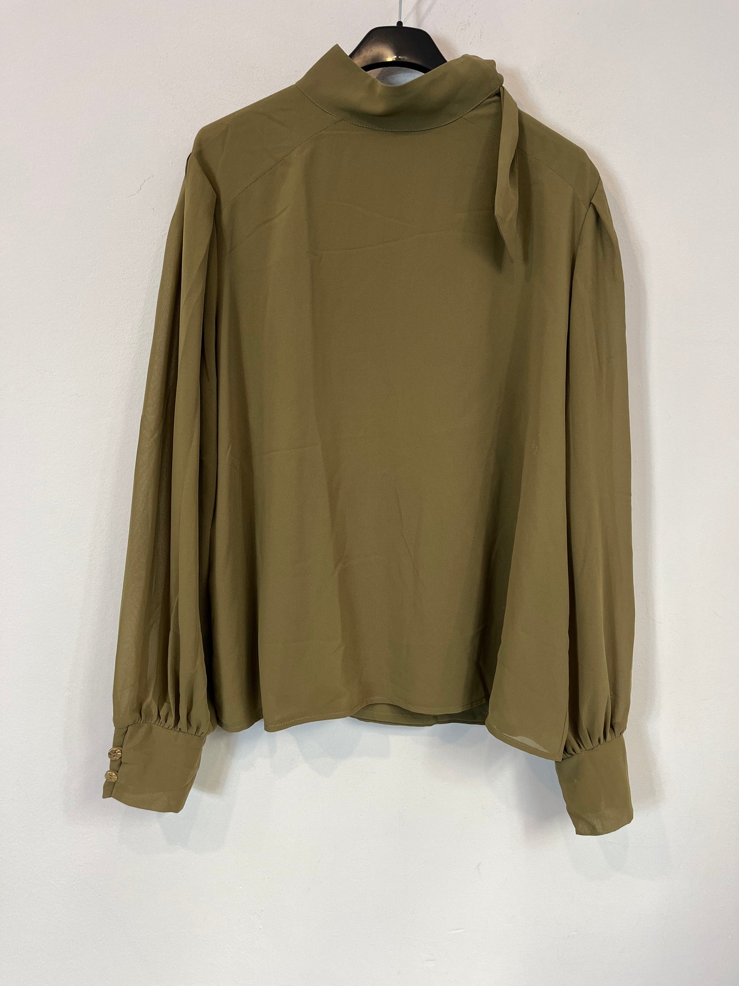 BIMANI. Flowing green blouse with a bow at the neck and gold buttons. Size XL