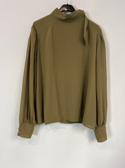 BIMANI. Flowing green blouse with a bow at the neck and gold buttons. Size XL