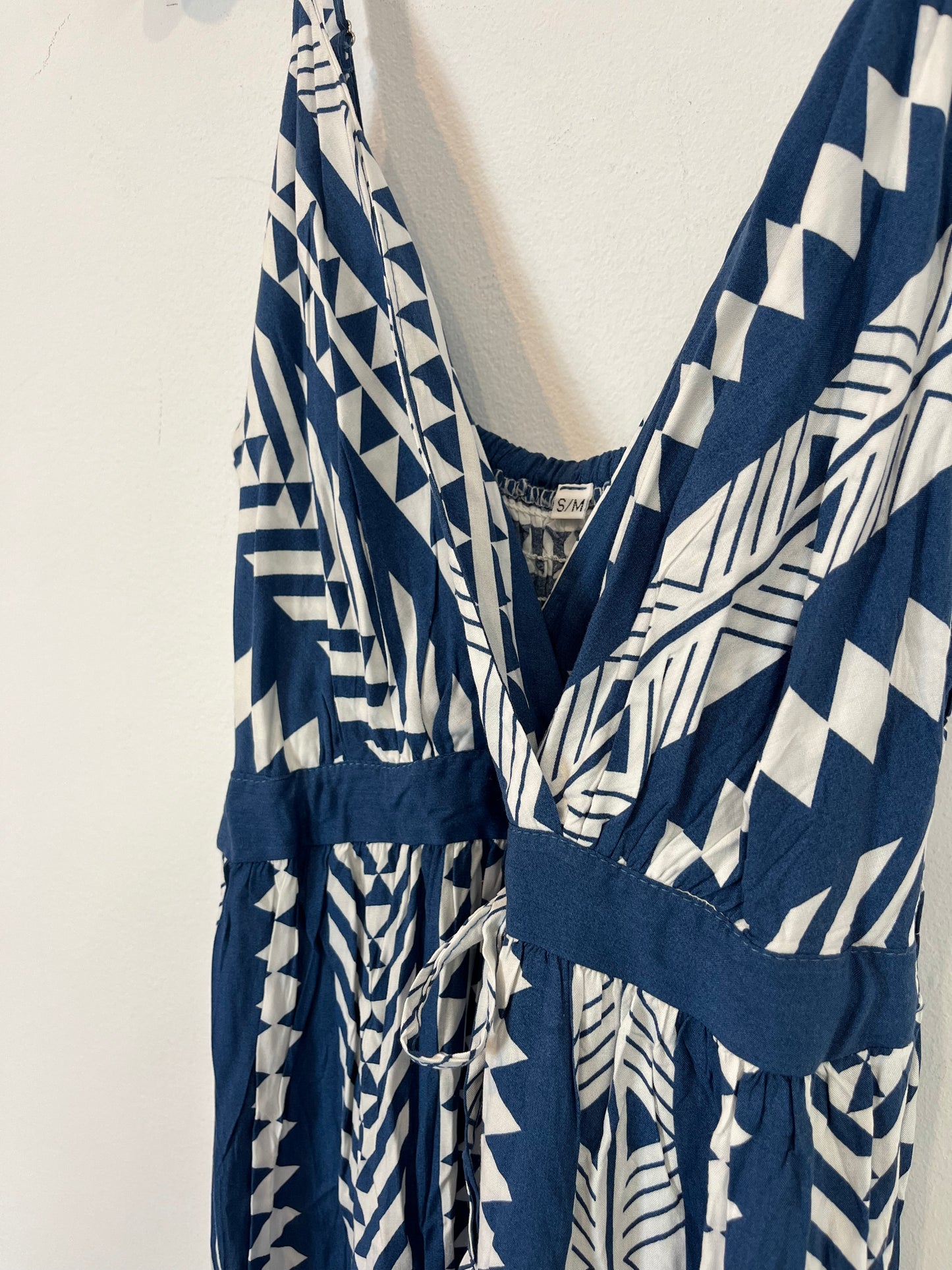 OTHER. Blue and white geometric print dress. TS/M