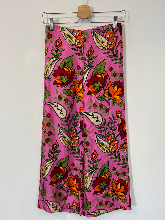 MALIPARMI. Pantalón seda fucsia estampado. T 38 (XS/S)
