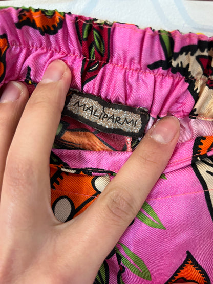MALIPARMI. Printed fuchsia silk trousers. Size 38 (XS/S)