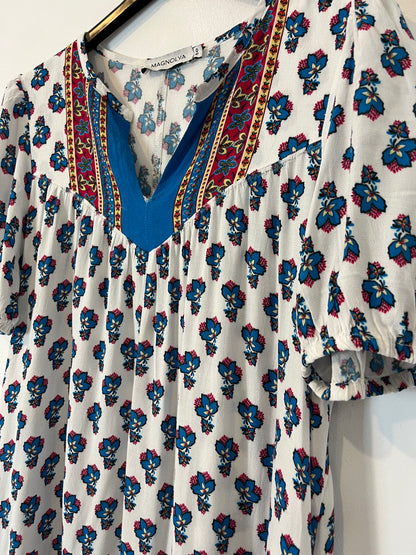 MAGNOLYA. Vestido blanco flores azules T.00(xs)
