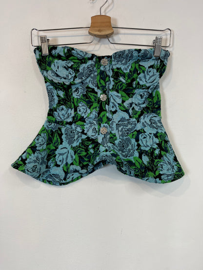 ZARA. Top flores textura botones joya. T.S