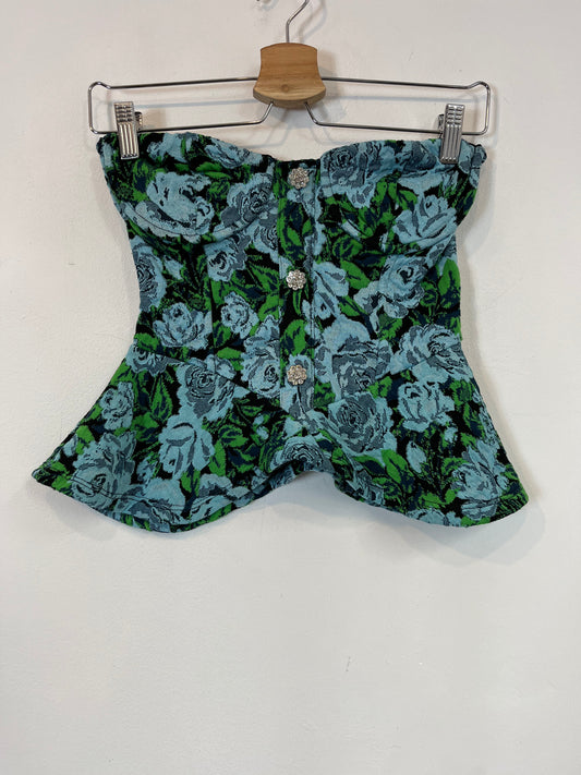 ZARA. Top flores textura botones joya. T.S