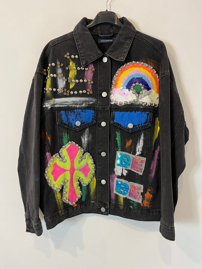 PETRA HOFFMAN, Cazadora denim negra dibujos. T S/M