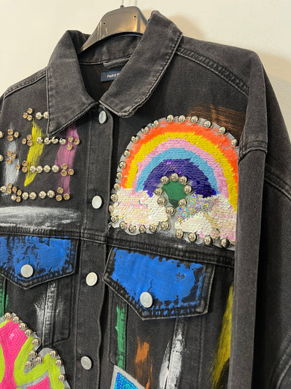 PETRA HOFFMAN, Cazadora denim negra dibujos. T S/M