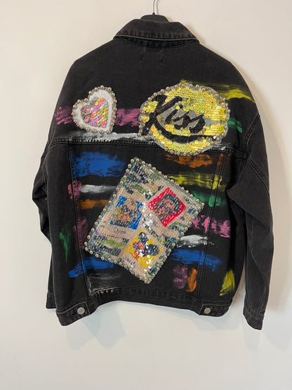 PETRA HOFFMAN, Cazadora denim negra dibujos. T S/M