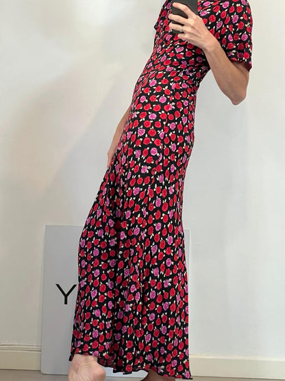 ZARA. Vestido fluido negro fluido flores. T XS