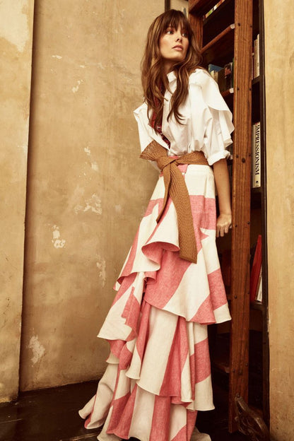 JOHANNA ORTIZ. Falda larga volantes lino