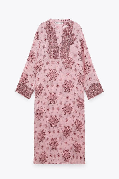 ZARA. Vestido largo rosa estampado