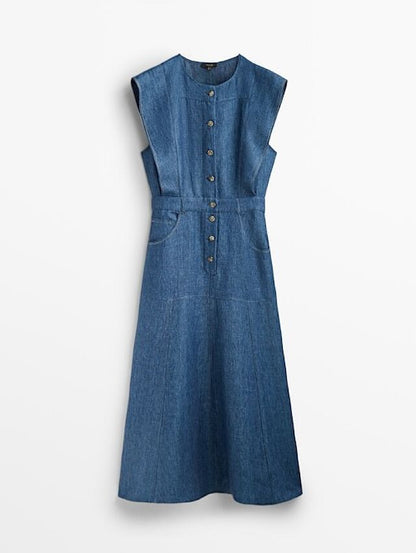 MASSIMO DUTTI. Vestido largo denim lino