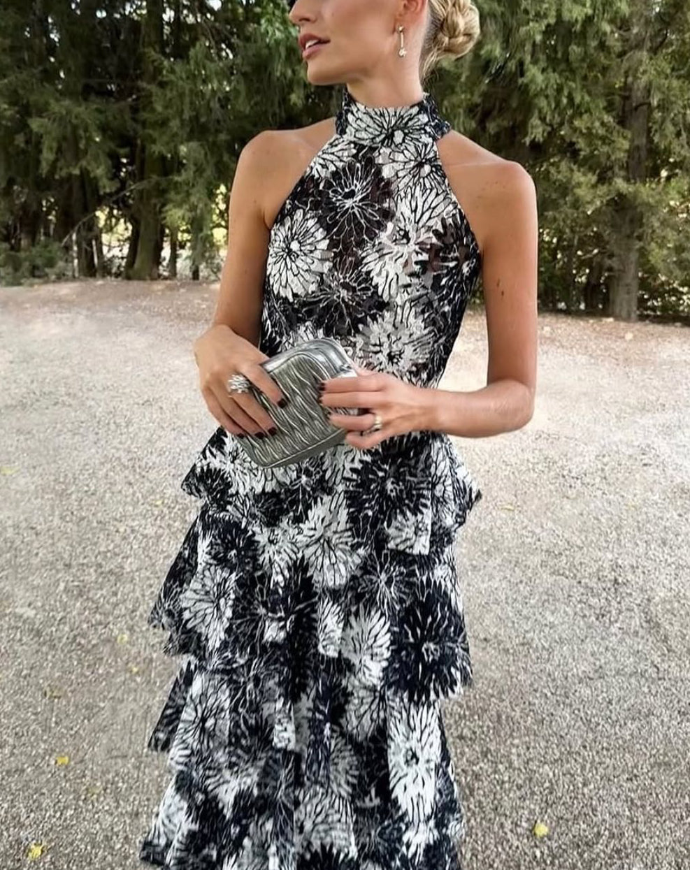 FRANCISCO ARCE. Vestido largo estampado floral y escote halter