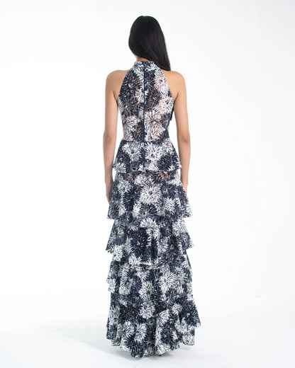 FRANCISCO ARCE. Vestido largo estampado floral y escote halter