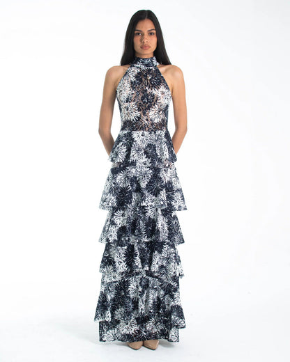 FRANCISCO ARCE. Vestido largo estampado floral y escote halter
