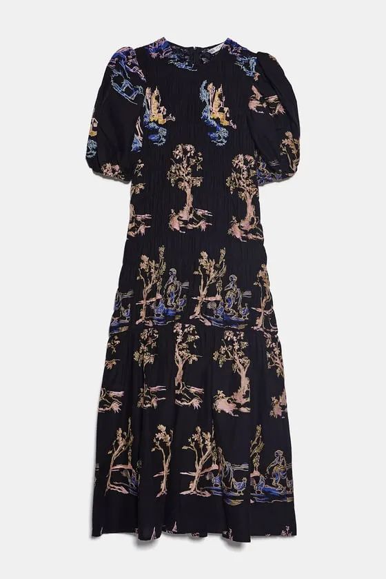 ZARA. Vestido midi negro con bordados florales