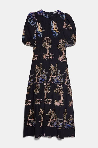 ZARA. Vestido midi negro con bordados florales
