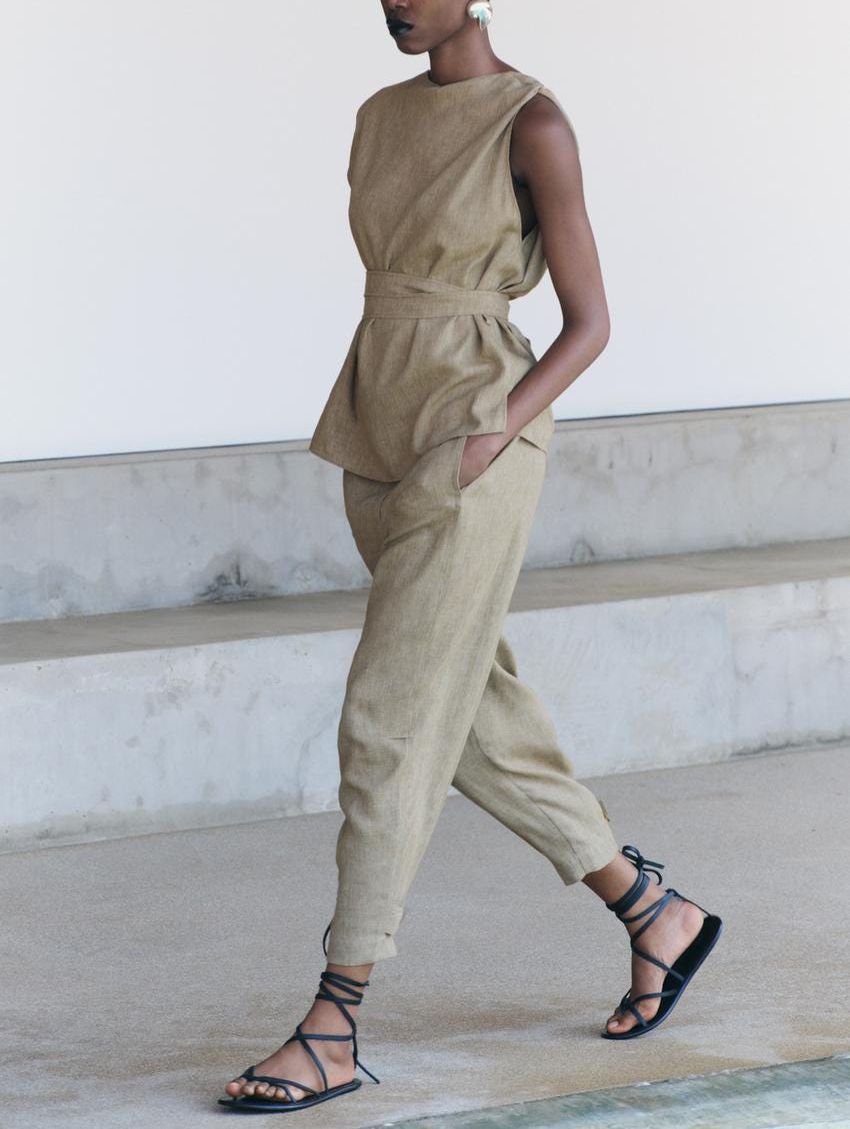 ZARA. Conjunto de lino marrón