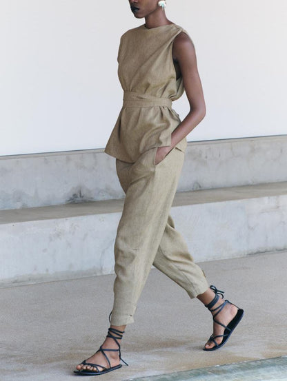 ZARA. Conjunto de lino marrón