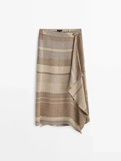 MASSIMO DUTTI. Falda de lino midi rústica rayas