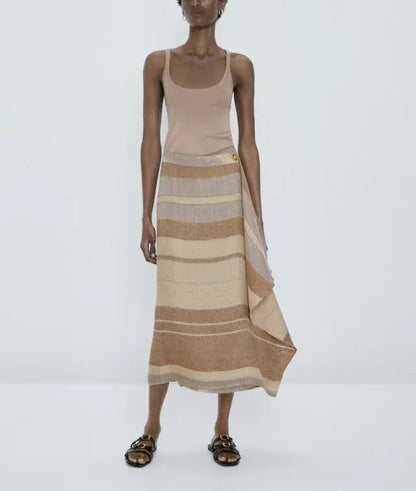 MASSIMO DUTTI. Falda de lino midi rústica rayas
