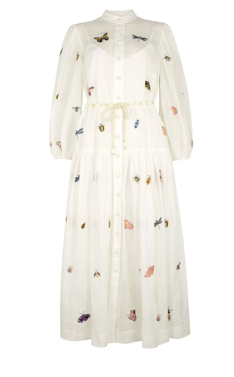 ZIMMERMANN. Vestido camisero de lino bordados insectos