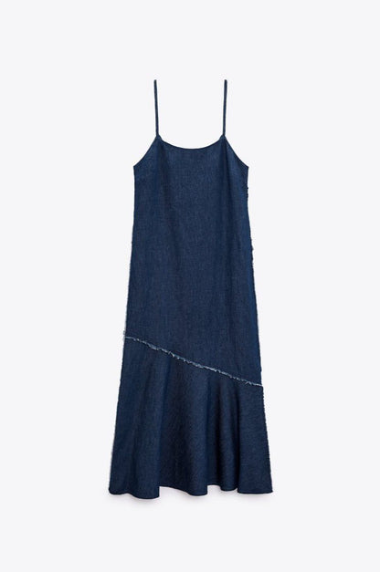 ZARA. Vestido largo denim detalles deshilachados